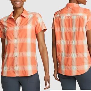 Eddie Bauer Orange plaid button up short sleeve Mountain nylon hiking Shirt XL